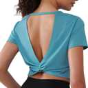 Open Back Workout Tops for Women Crop Yoga Shirts Lightweight Twist Back Athletic Running Gym Tops Blue