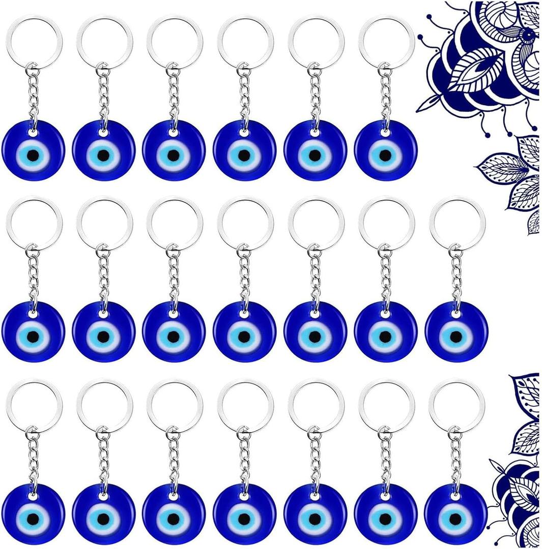 Chuangdi 20 Pcs Evil Eye Keychain Blue Charms Crafting Glass Keychain with Keyring Jewelry Amulet for Good Luck (1 Inches)