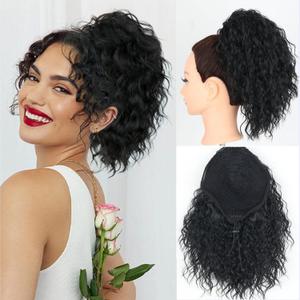 SCENTW Messy Bun Hair Piece 8inch Loose Curls Bun Hair Extensions Yaki Texture Short Curly Drawstring Ponytail Extensions Synthetic Hair Bun Hairpiece for Women (1b)