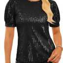 GRACE KARIN Womens Full Sequin Tops Sparkle Glitter Blouses Lantern Short Sleeve Shirts Dressy Party Concert Outfits (Medium, Black)