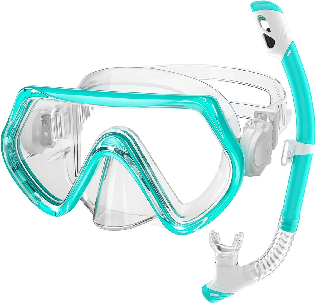 2 Sets Kids Snorkeling Gear for Ages 3-14, Anti-Fog 180 Clear View Dry Top Snorkel Set, Swimming Mask with Nose Cover & Tempered Glass Goggles for Youth Boys Girls Junior (Small-Medium, Light Blue)