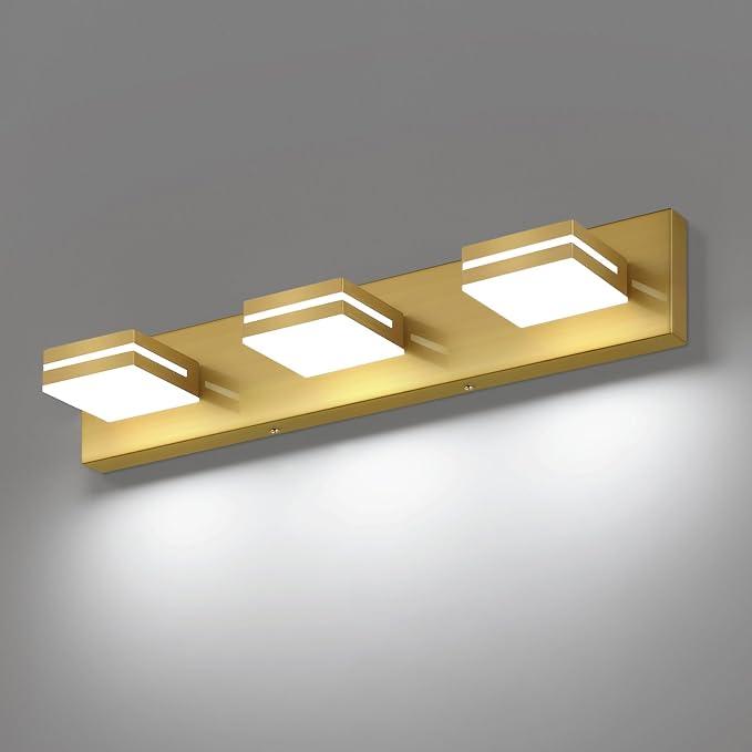 SineRise LED Modern Bathroom Vanity Light Fixtures, Modern Acrylic Bathroom Wall Lighting Fixtures Over Mirror, 3-Light, 24-Inch, Brass, White