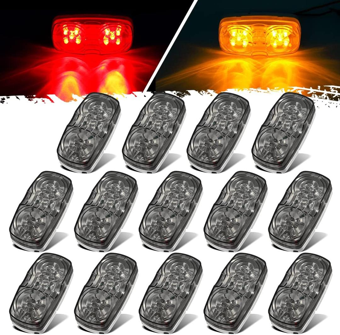 Partsam 14x Red/Amber Double Bullseye led Light Side Marker Clearance Light Smoke Lens, Tiger EyeLED Marker Lights, 4" Rectangular Rectangle LED Light for Truck Trailer RV Camper