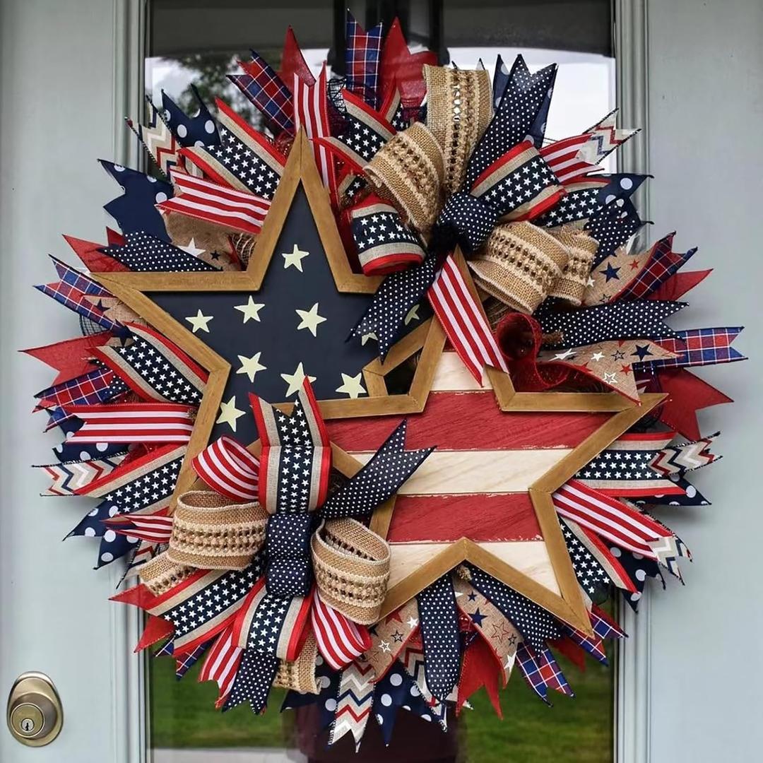 4th of July Patriotic Wreath 15.7 Inch, American Flag Wreaths for Front Door, Red White and Blue Weather Farmhouse Outdoor Holiday Decoration, Memorial Day Independence Day Spring Decor