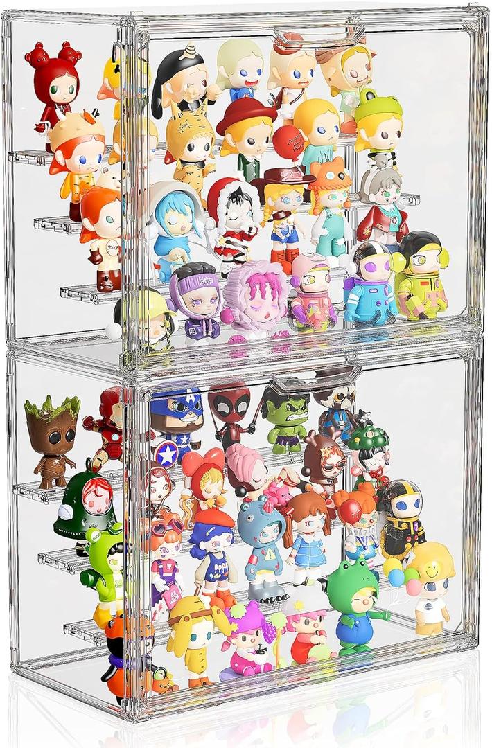 Clear Acrylic Display Case for Collectibles 4 Layer Hobby Figure Display Case Box with Shelves Stackable Figurine Display Boxes for Funko Pop Mart Labubu Model, 2 Pack