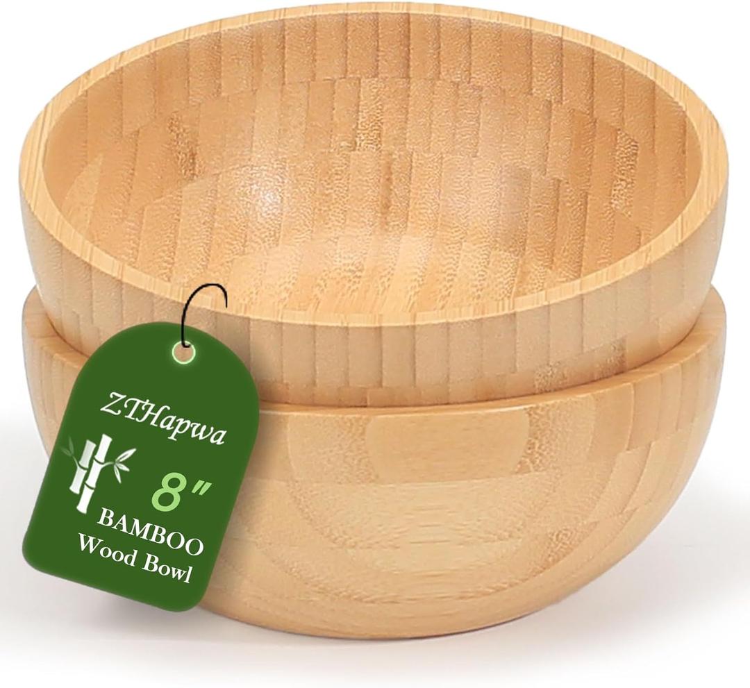 ZTHapwa Bamboo Salad Bowls, 8 Inch Big Round Bamboo Wooden Bowls for Salads/Fruits/Pasta/Vegetables, 49 Fl oz Handcraft Serving Bowl for Entertaining and Party, Rustic Home Decor Set of 2