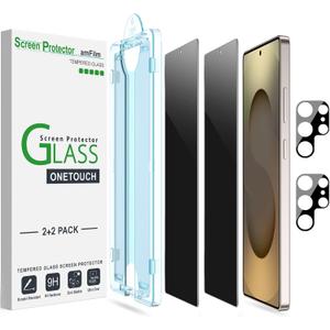 amFilm OneTouch Privacy Screen Protector for Samsung Galaxy S25 Ultra 6.9'' + Camera Lens Protector, 30 seconds Auto-Alignment install, Bubble Free, Tempered Glass, Privacy Protection 2+2 Pack