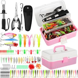 3 Layers Fishing Tackle Box 414 Pcs Fishing Lures Kit with Tackle Included, Pliers, Lip Gripper, Soft Baits, Hooks & Accessories Bait Lure Gear Gift for Beginners Women Men(Pink)