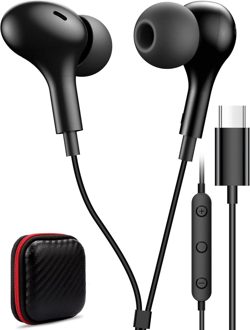 USB C Headphone for Samsung S23 FE S22 S21 S20 A53 A54 Wired Earbuds Magnetic in-Ear Type C Earphone with Microphone Volume Control Bass Stereo Noise Canceling for iPhone 15 Pro Max Pixel 6 6a 7a 8 5 (Black)