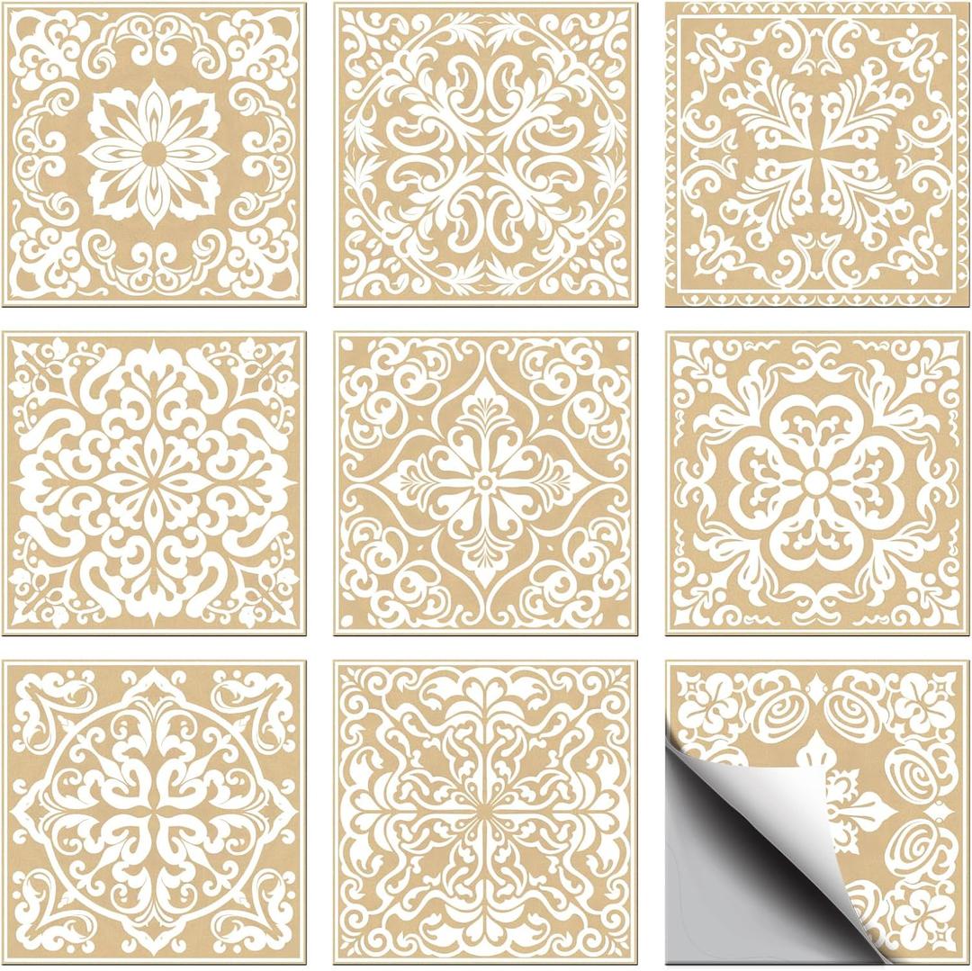36 Pcs 9 Styles Retro Beige Patten Tile Sticker Geometric Cement Patten Wall Tile Stickers Waterproof Self Adhesive Stick on Decals for Kitchen Bathroom Wall Art 44 Inch
