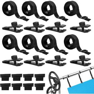 24 Pcs Pool Solar Cover Reel Attachment Kit, Solar Cover Reel Blanket Straps and Clips for Universal Inground Swimming Pool - Including 8 Adhesive Nylon Straps & Tabs, 8 Cord Plates, 8 Buckles