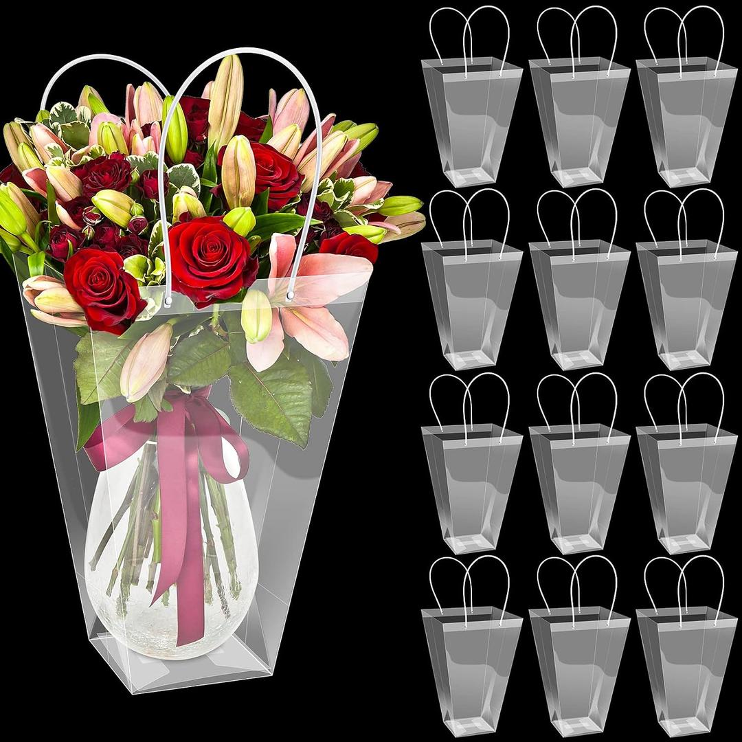 Yexiya 12 Pcs Floral Bags Large Clear Flower Bouquet Bag Bulk with Handle Mother's Day Transparent Florist Wedding Gift Packaging Plastic Gift Birthday Valentine's, 11.4 x 5.9 x 16.7 In (Clear Edge)