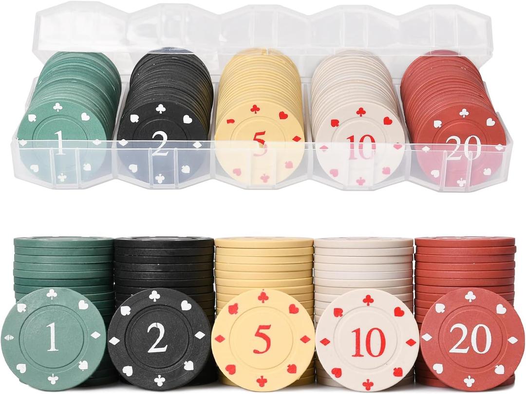 Poker Chips Set - Numbered 1/2/5/10/20, 100 Piece with Holder, Mini Chips for Blackjack, Texas Hold'em, Travel & Parties