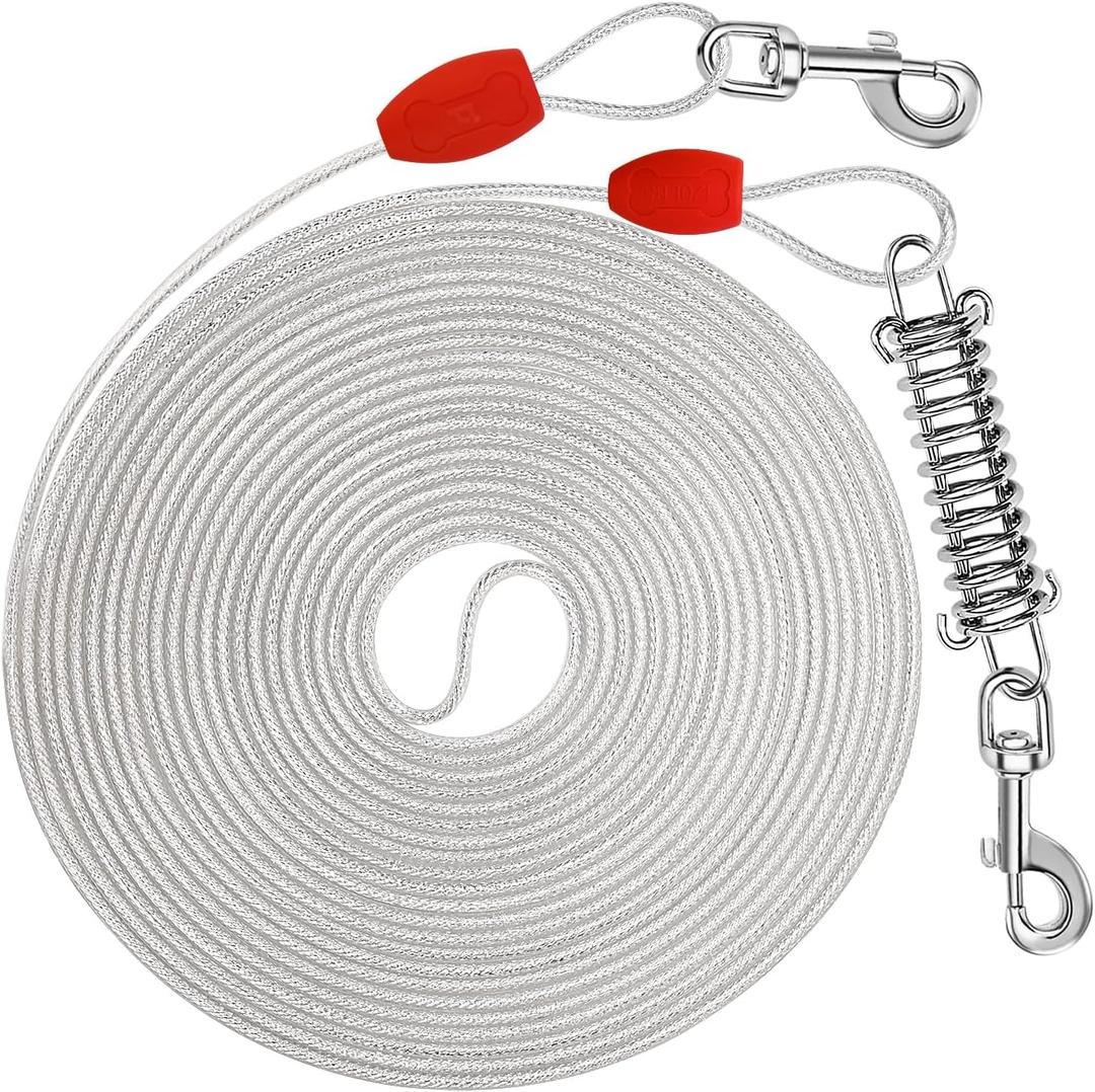 Petbobi Dog Tie-Out Cable 30ft - Outdoor Leash 4mm Metal Cable with Shock Absorbing Spring 360 Swivel Clips, Chain for Dogs Yard Camping, Fit Small Medium Large Pets Up to 120lbs, Reflective Silver