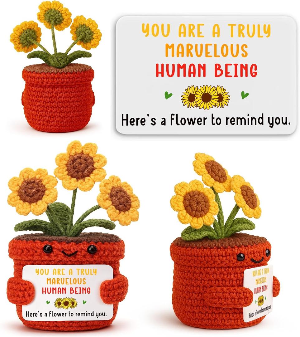 Inspirational Gifts for Women Men, Handmade Crochet Sunflower Decor, Thank You Appreciation Presents for Friends Coworkers Teacher, Cute Office Desk Accessories, Positive Affirmations Gift, 4.8 inches