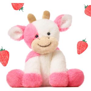 Hopearl Adorable Plush Cow Toy Floppy Dairy Cattle Soft Stuffed Animal Cute Birthday Gifts for Boys Girls Kids Toddlers, Strawberry Pink, 9''