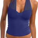 REORIA Womens Halter Tank Tops Sexy Backless Mesh Deep V Neck Cami Double Lined Going Out Top, Medium