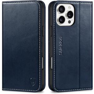 SHIELDON Wallet Case for iPhone 16 Pro Max 6.9", Genuine Leather RFID Blocking Card Holder Folio Magnetic Kickstand Drop Protection Cover Compatible with iPhone 16 Pro Max 5G 2024 - Retro Dark Blue
