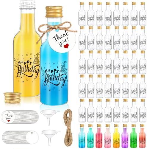 OurWarm 50 Pack Happy Birthday Mini Liquor Bottles, 1.7oz/50ml Empty Plastic Shot Bottles with Gold Screw Caps Funnels Tags & Twines for Juice Wine Alcohol Juicing Ginger Shots Birthday Party Favors