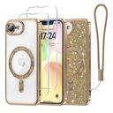 Meifigno Designed for iPhone 17e/16e Case 6.1", [Compatible with MagSafe] [Glitter Card & Wrist Strap] [2X Screen Protectors] Surround Raised Lens Protection Phone Case for 17e/16e, Desert Titanium
