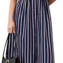 Women's Striped Button Front Pleated Maxi Shirt Dress Short Sleeve Collar V Neck Summer Casual Corset Long Dress (Blue, XL)
