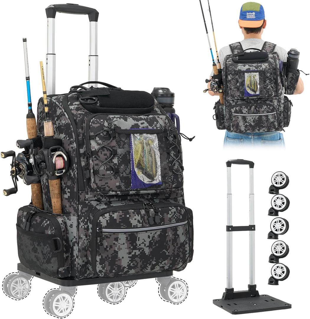 2-in-1 Rolling Fishing Backpack with 3 Rod Holders,Detachable Wheels &Trolley|48L Large Water Resistant Tackle Bag Store Fishing Gear,Safety Reflective Straps,Ideal Fishing Bag for Men