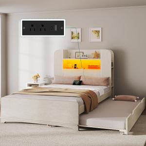 YITAHOME Bed with Trundle, Twin Size Bed Frame with Bookcase Daybed Storage Headboard and Charging Station, RGB LED Lights Bed with Wooden Support for Bedroom, No Box Spring Needed, Noise Free, White