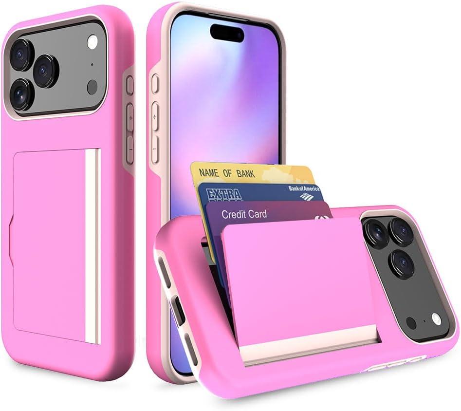 for iPhone 17 Pro Max Case with Card Holder, Credit Card Slot Protective Wallet Case - Pink