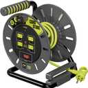 Masterplug 3ft Cord Reel, Retractable Extension Lead with Winding Handle, Safety Overload Circuit Breaker and Power Switch, 4x Grounded Outlets, 13amps, 14AWG Cable