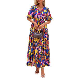 PRETTYGARDEN Women's Summer Maxi Dress 2026 Resort Wear Boho Floral V Neck Puff Short Sleeve Ruffle Flowy Beach Long Dresses (XXL)