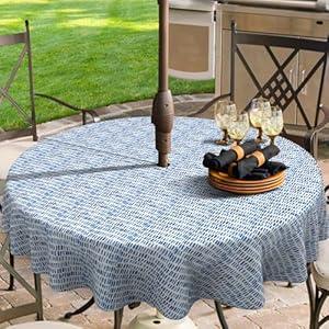Melody Elephant Outdoor/ Indoor Round Tablecloth with Umbrella Hole Zipper, Decorative Circular Table Cover for Home Garden, 60 Inch, Pebble Blue