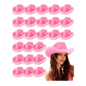 Jecery 24 Pack Pink Cowgirl Hat Bulk Cowboy Hats with Feather Boa for Women Girl Bachelorette Birthday Party Costume