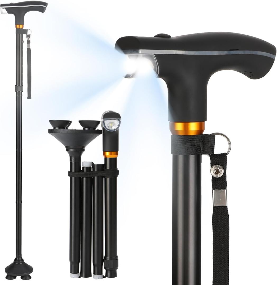 Walking Cane with LED Light - Foldable, Adjustable, Collapsible, Free Standing Cane, Pivoting Quad Base, Folding Canes for Seniors & Adults [Alloy Base]