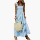 Women's Retro Plaid Smocked Dress Spaghetti Strap Flounce Long Dress Small