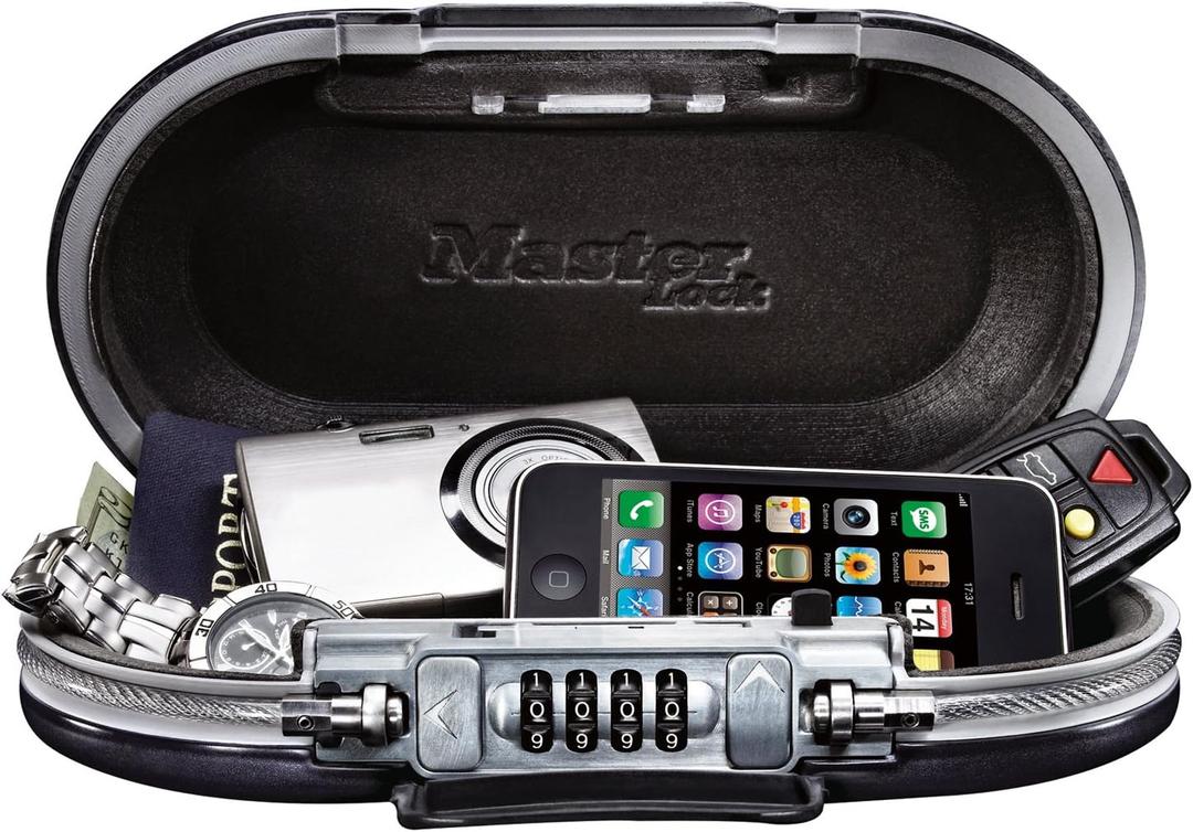 Master Lock Portable Small Lock Box, Set Your Own Combination Lock Portable Safe, Personal Travel Safe, 5900D, Gunmetal Grey (Black)