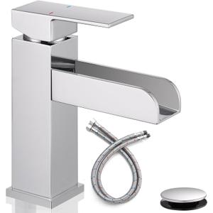 Waterfall Bathroom Sink Faucets 1 Hole, Chrome Brass Bathroom Faucet Single Handle, Lead-Free Vessel Sink Faucet for RV Lavatory Vanity, Pop-up Drain & Supply Hoses Assembly, MP101CP