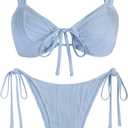 ZAFUL Women's Cinched Bikini Solid Color Wave Textured Knotted Tied Side Two Piece Swimsuit Bathing Suits (1-light Blue), L