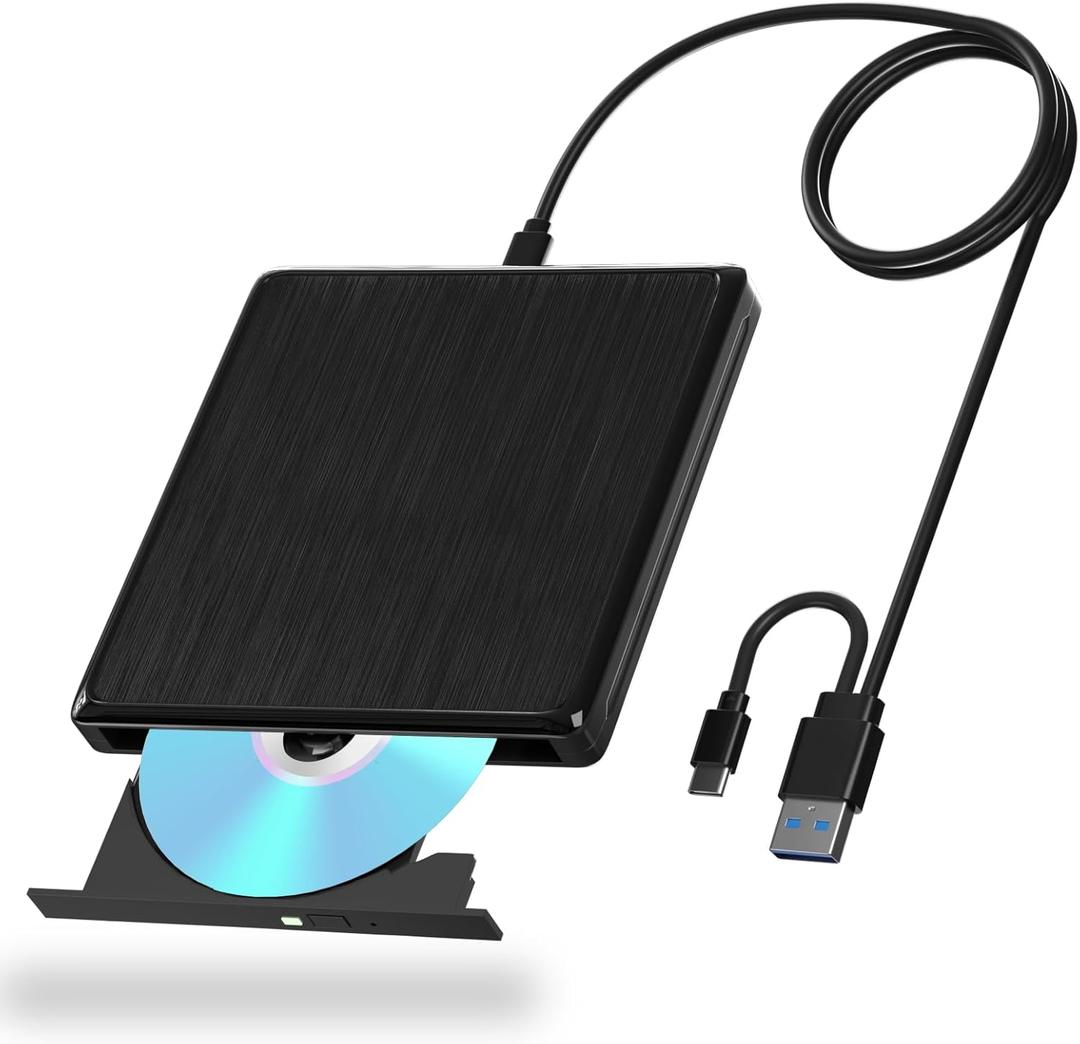 External CD/DVD Drive for Laptop, USB 3.0 and Type-C USB CD/DVD External Drive DVD Burner, DVD Drive USB External with Extended Data Cable, Portable CD Burner for Mac OS Windows Linux