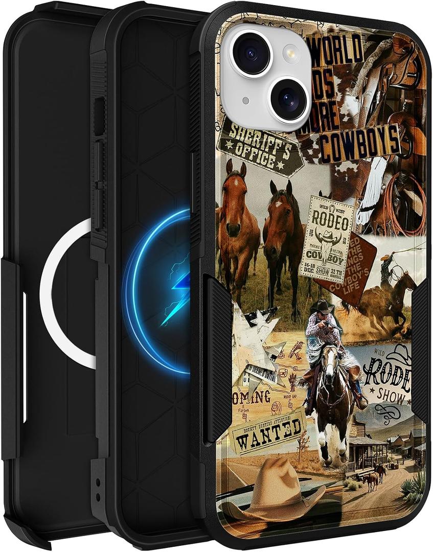 Heavy Duty for iPhone 15 Case - Compatible with MagSafe Shockproof Protective Rugged Magnetic Men Military Grade Shock Drop Proof Durable Strong Phone Cover Funda for Apple 15 Case, Western