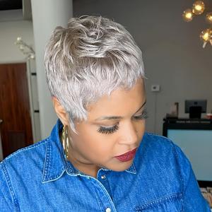 Grey Pixie Cut Hair Wig with Bangs for Daily Wear Gray Short Human Hair Pixie Cut Glueless Layered Wig Wavy Grey Wigs for Party Cosplay Daily Use Glueless Full Machine Made Wigs