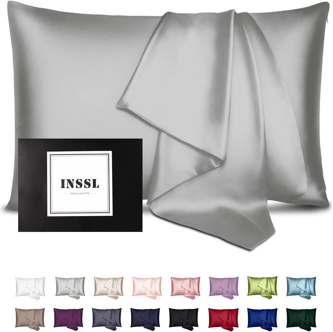 INSSL Silk Pillowcase for Women, Mulberry Silk Pillowcase for Hair and Skin and Stay Comfortable and Breathable During Sleep (Queen, Grey)