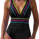 popvil One Piece Swimsuits for Women 2026 Tummy Control Neon Bathing Suit with Adjustable Strap (Blue, XL)