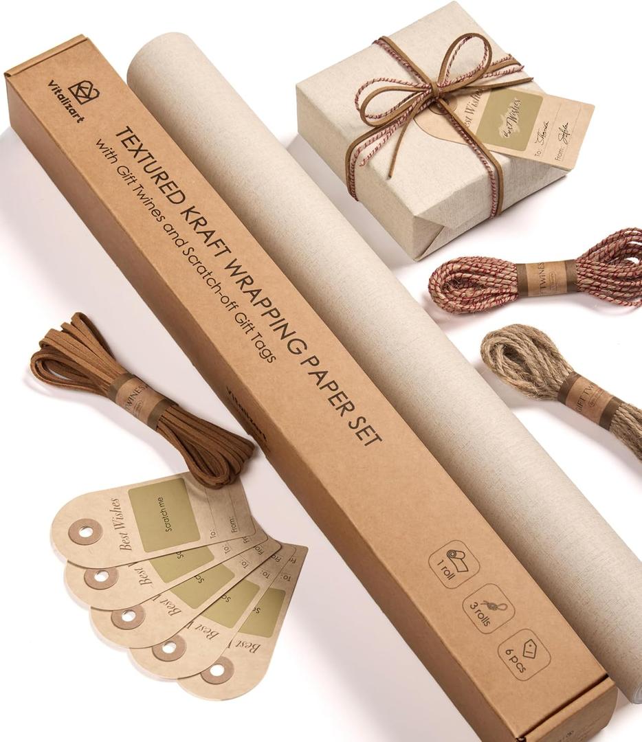 Vitalizart Textured Wrapping Paper Set 17" Roll Twine Ribbons & Tags Extra Thick All-in-One Neutral Beige Kraft Christmas Gift Wrap Birthday Baby Shower Wedding Crafts Vintage Minimalist Housewarming Flower Book