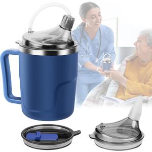 Adult Sippy Cup, 14oz Spill Proof Cup with Straw for Elderly, 3 in 1 Stainless Steel Sippy Cup with 2 Lids, No Spill Feeding Cups for Patient Disabled Maternity Drink Water Milk Soup - Blue