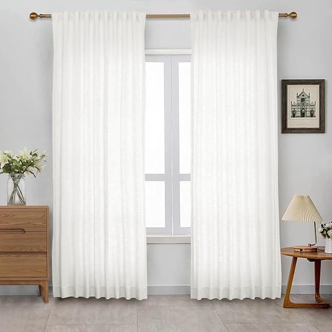 4 in 1 Top Style Linen Curtain 100 X 100 Inch Unlined Curtain for Bedroom, Living Room, Sliding Door, 2 Panel, Cream White