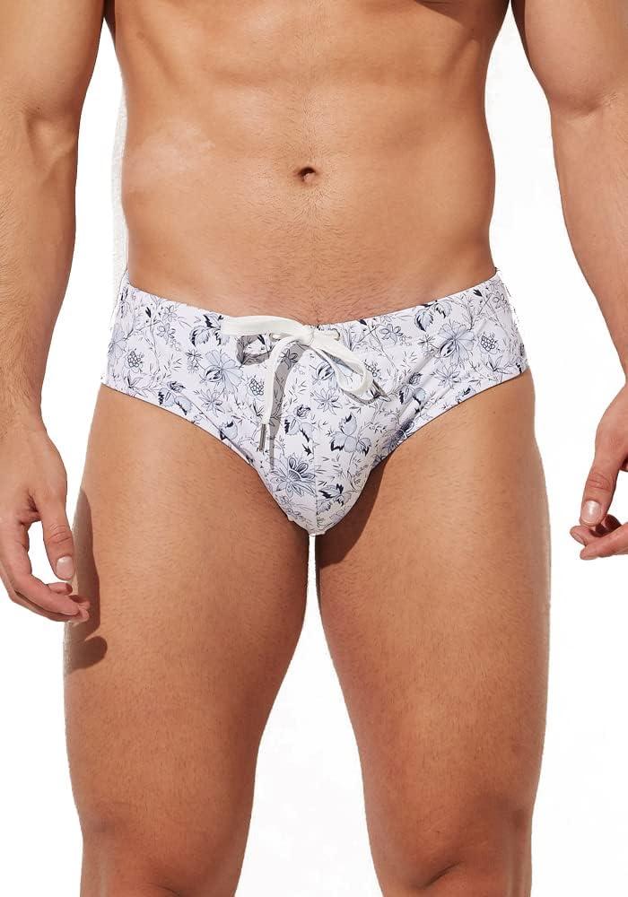 Mens Removable Pad Quick Dry Print Swim Briefs Adjustable Drawstring Surfing Short (Large, Flower/White)