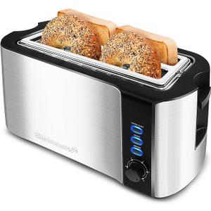 Elite Gourmet ECT3100 Long Slot 4 Slice Toaster, Reheat, 6 Toast Settings, Defrost, Cancel Functions, Builtin Warming Rack, Extra Wide Slots for Bagels & Waffles, Stainless Steel & Black