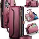 Wallet Case Compatible with iPhone 17 6.3" RFID Blocking 9-Card Holder Soft PU Leather Magnetic Snap Shoulder Strap Zipper Pocket Phone Case Fit for iPhone 17 for Women - Burgundy