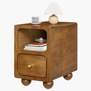 Solid Wood Nightstand, Narrow Night Stand with Drawers, Walnut Mid Century Modern Nightstand, Small Beside Table with Open Storage Shelf for Bedroom (12 inch) (11.7*15*18.5 Inch)