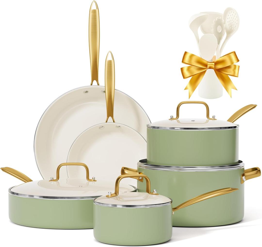 Pots and Pans Set Non Stick - VONIKI Ceramic Cookware Set with Cooking Utensils Set, Non Toxic Kitchen Cookware Sets Dutch Oven Pot with Lid Saucepan Set Saut Pan Frying Pan Set for Cooking Gifts, Large